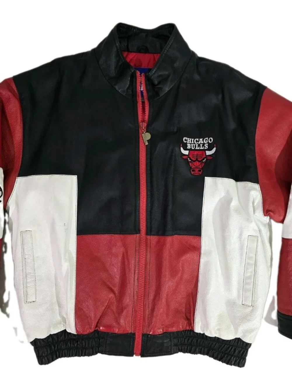Vintage 1990s Pro Player CHICAGO BULLS ColorBlock Leather Bomber Jacket Mens XXL